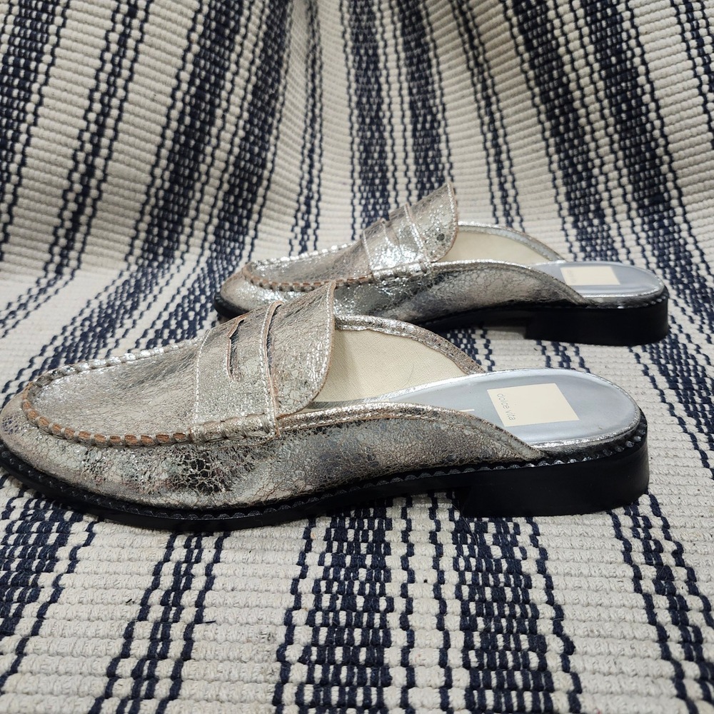 Dolce Vita Silver Metallic Crackle Leather Penny Loafer Mules Womens 9 Slip On - Picture 5 of 11